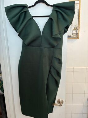 SHEIN Dark Green Ruffle V-Neck Midi Dress